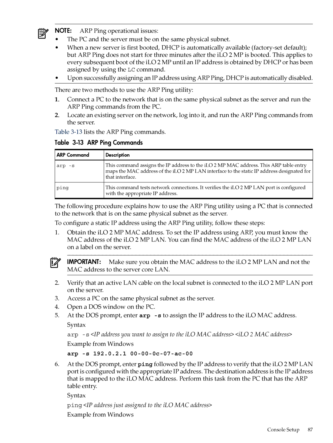 HP INTEGRITY RX3600 manual ARP Ping Commands, Arp -s 