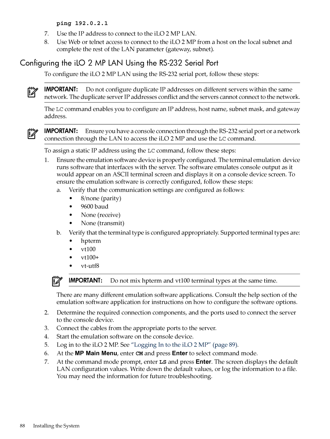 HP INTEGRITY RX3600 manual Configuring the iLO 2 MP LAN Using the RS-232 Serial Port, Ping 