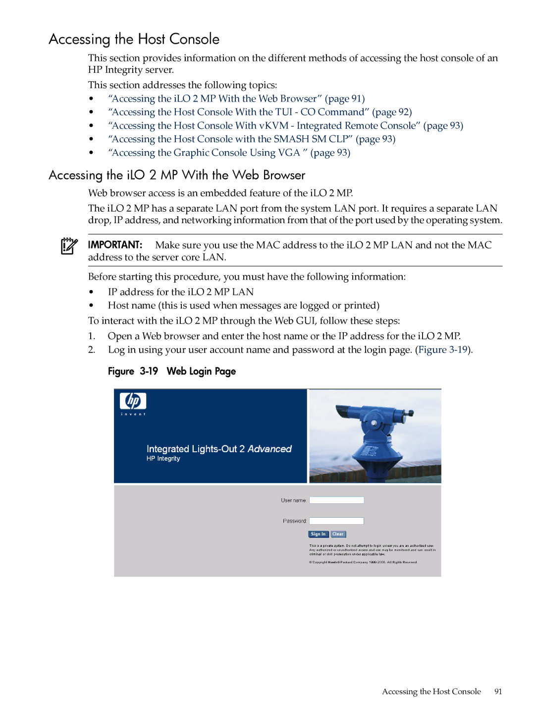 HP INTEGRITY RX3600 manual Accessing the Host Console, Accessing the iLO 2 MP With the Web Browser 