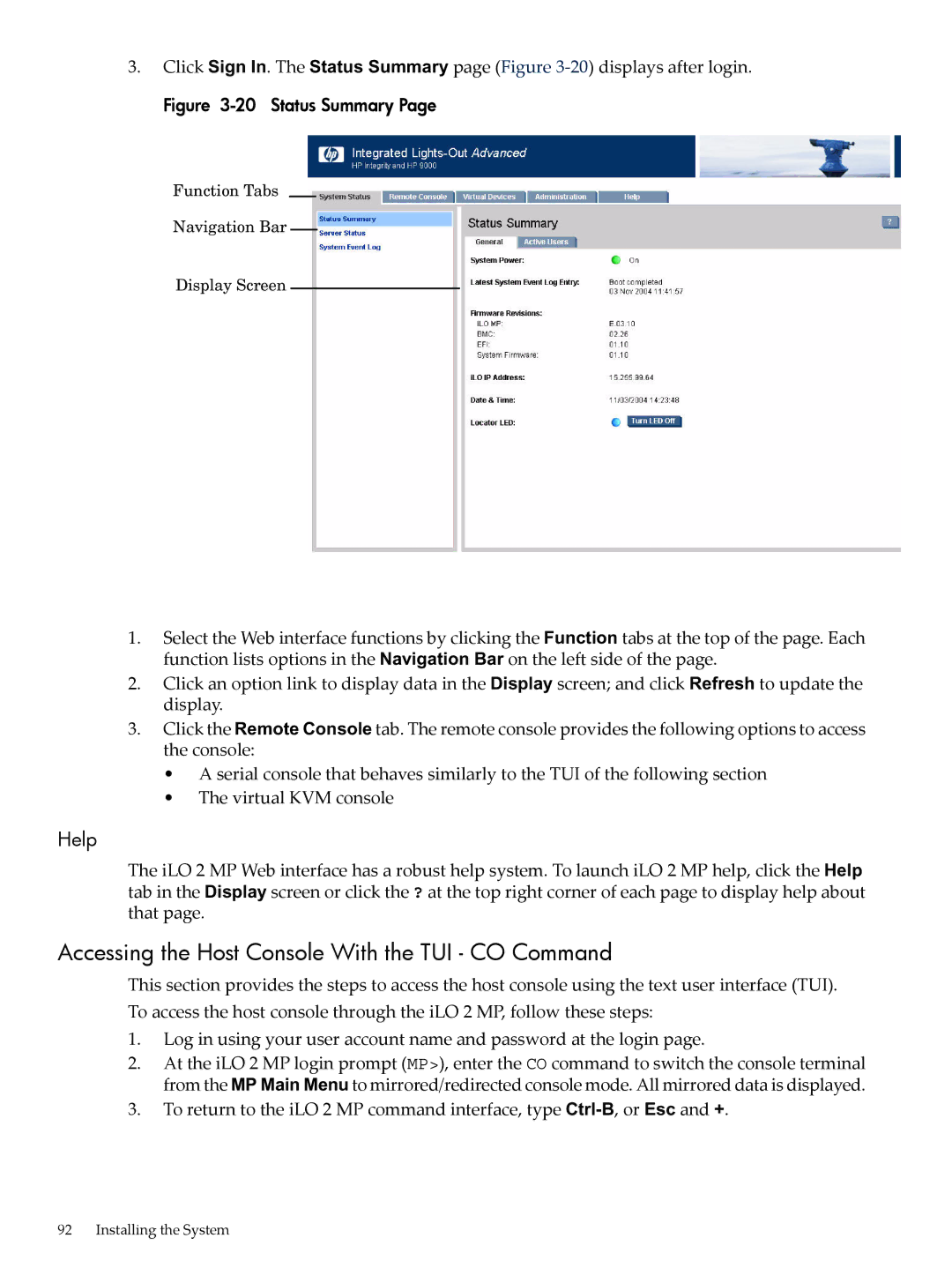 HP INTEGRITY RX3600 manual Accessing the Host Console With the TUI CO Command, Help 