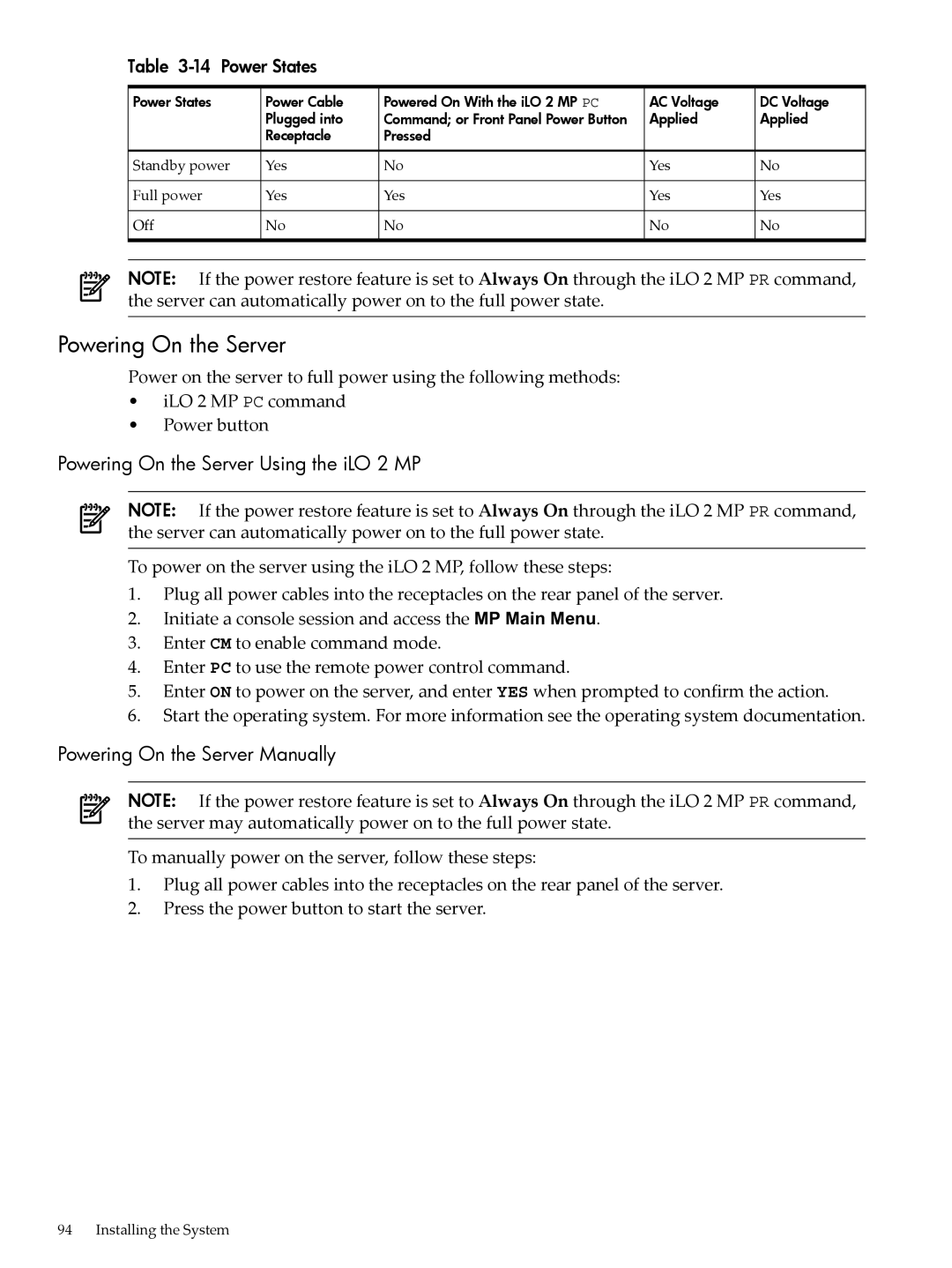 HP INTEGRITY RX3600 manual Powering On the Server Using the iLO 2 MP, Powering On the Server Manually, Power States 