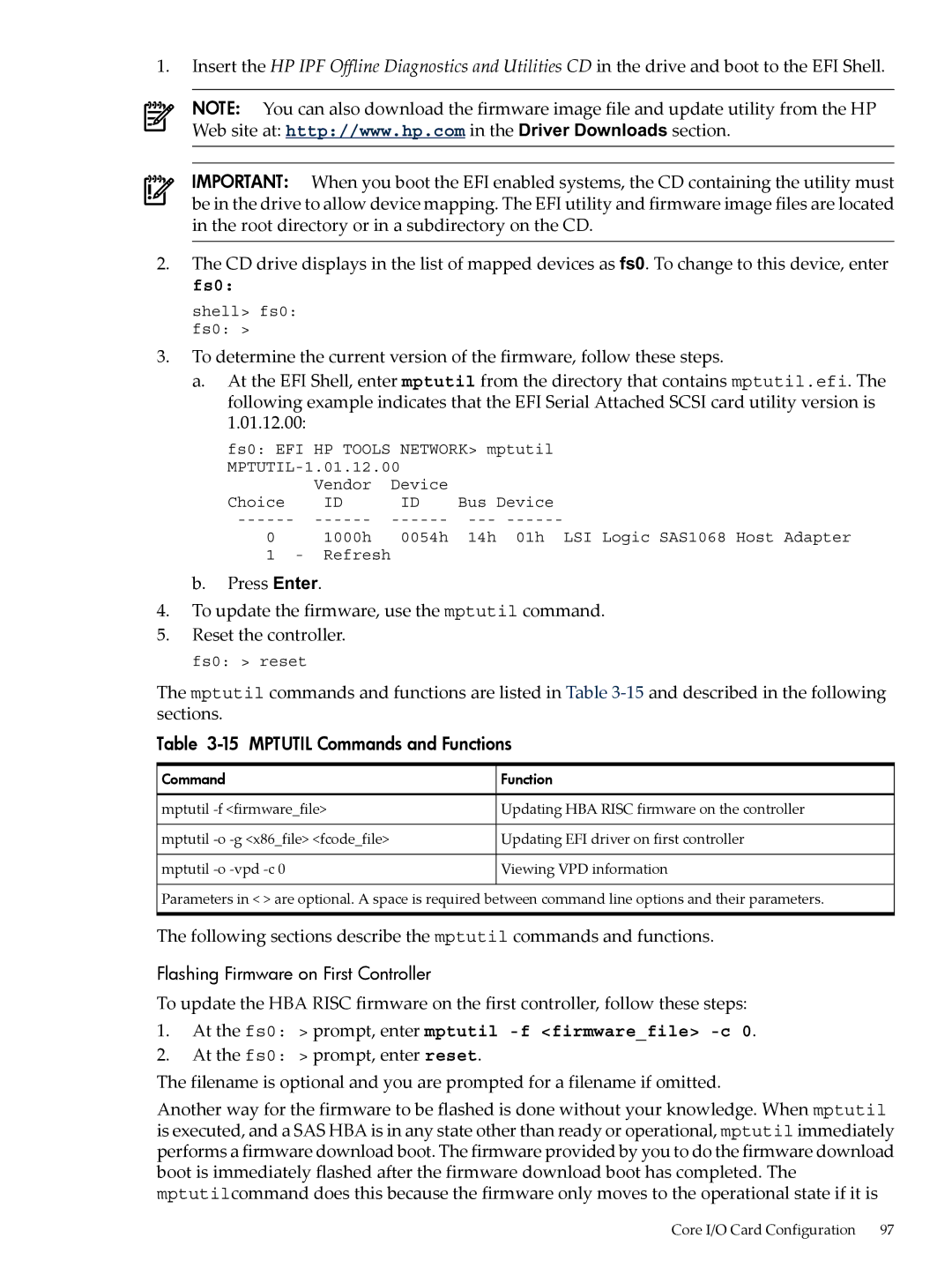 HP INTEGRITY RX3600 manual Press Enter To update the firmware, use the mptutil command, Mptutil Commands and Functions 