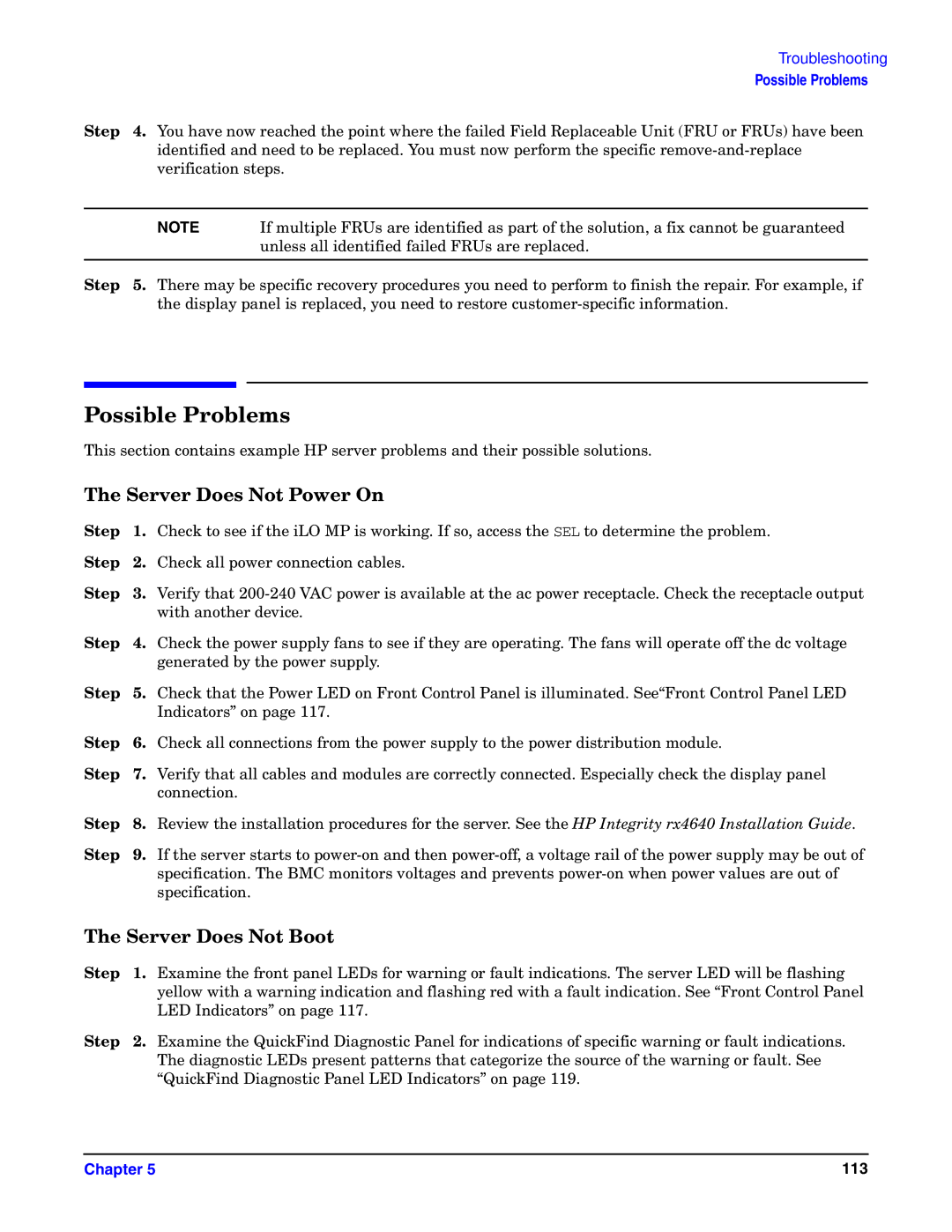 HP Integrity Server rx4640 manual Possible Problems, Server Does Not Power On, Server Does Not Boot 