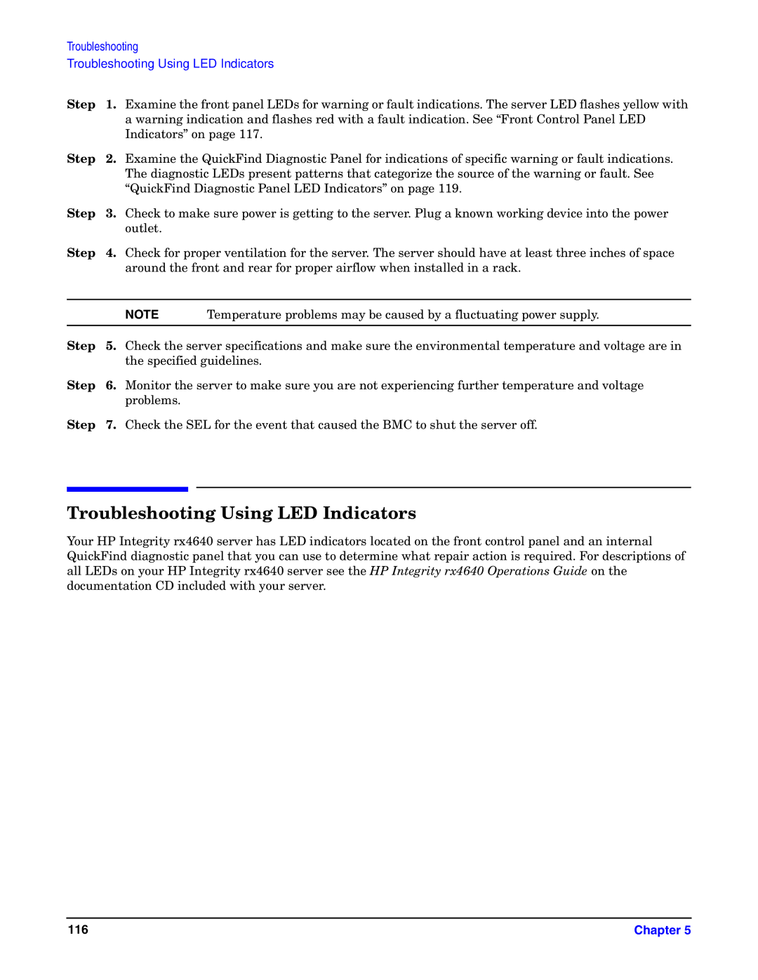 HP Integrity Server rx4640 manual Troubleshooting Using LED Indicators 