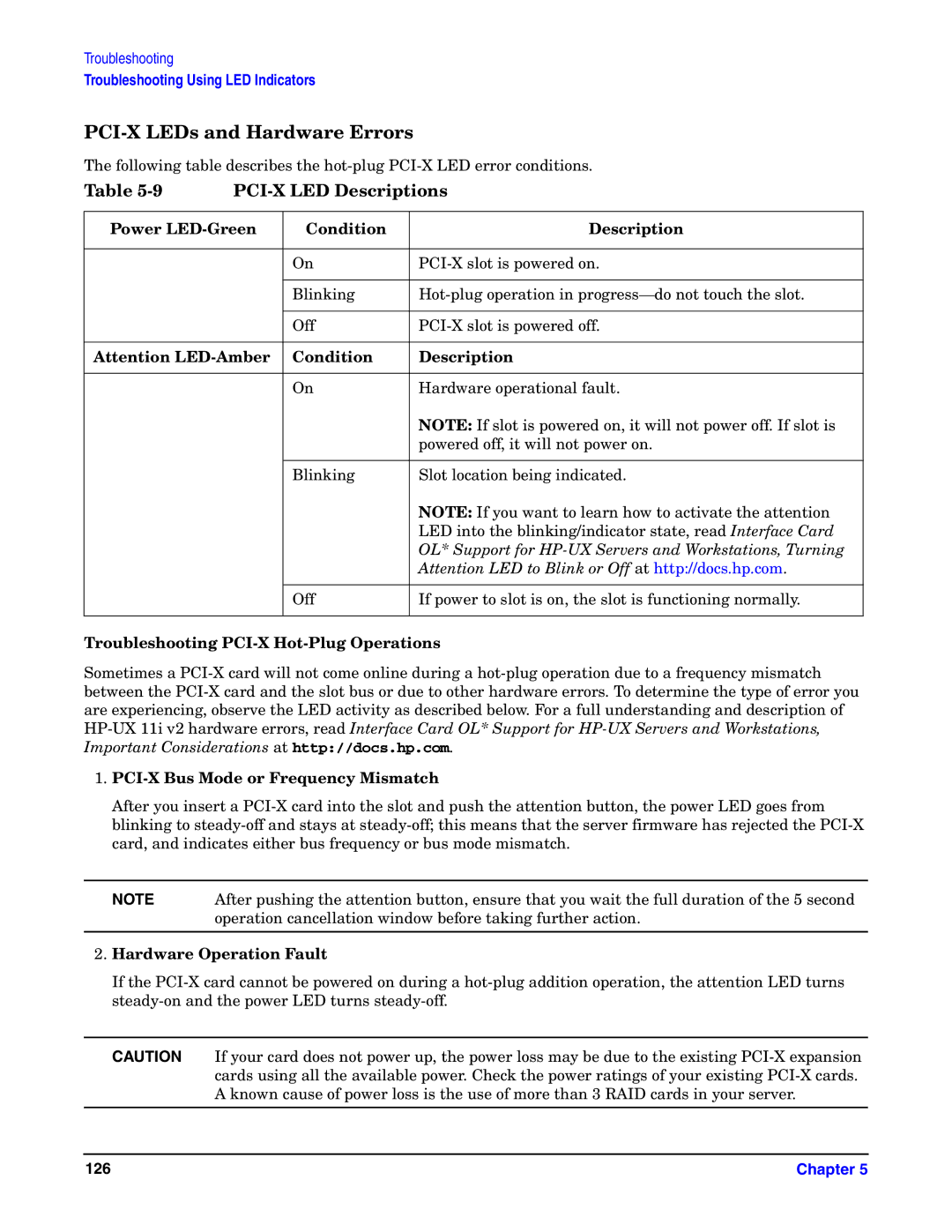 HP Integrity Server rx4640 manual PCI-X LEDs and Hardware Errors, PCI-X LED Descriptions 