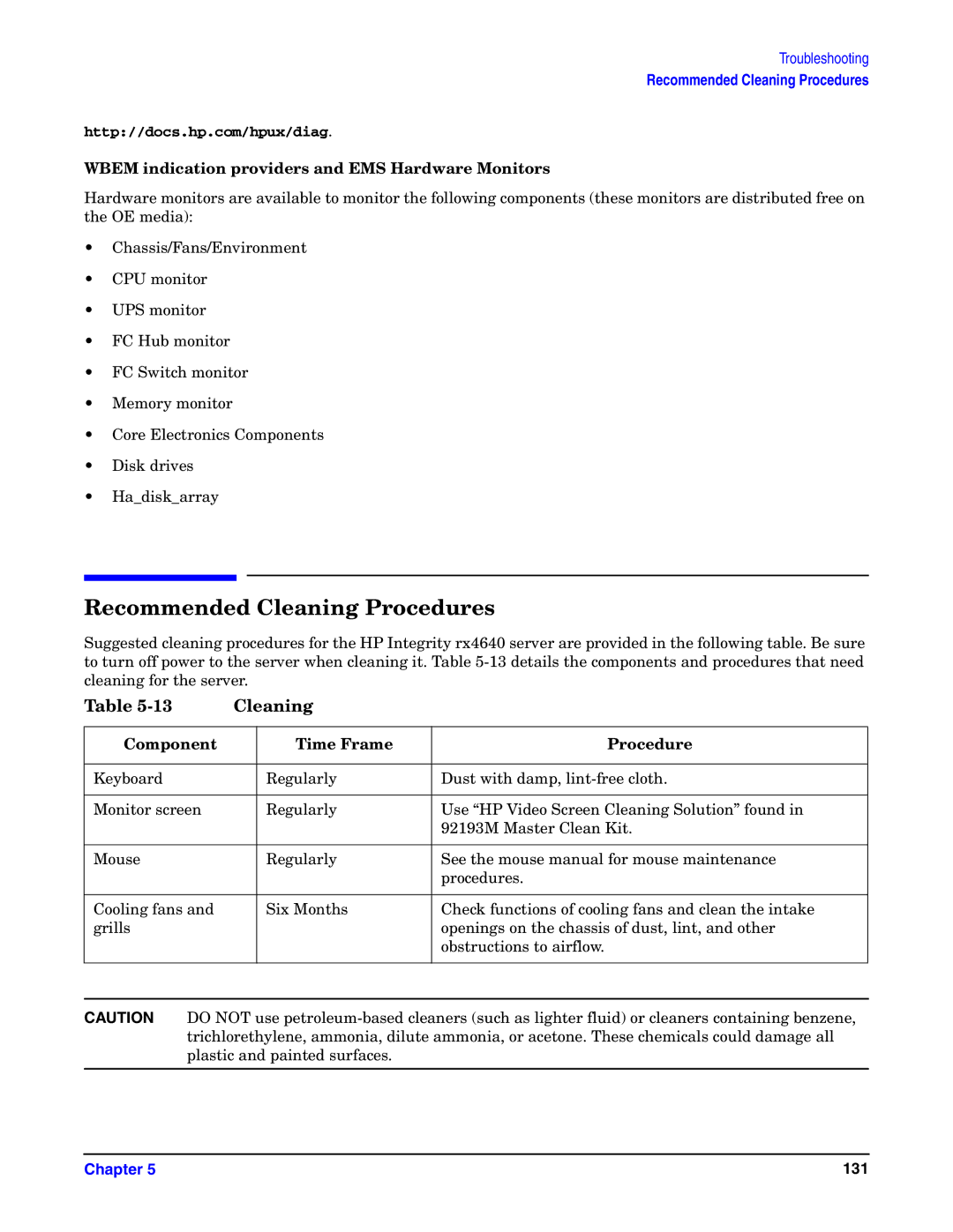 HP Integrity Server rx4640 manual Recommended Cleaning Procedures, Wbem indication providers and EMS Hardware Monitors 