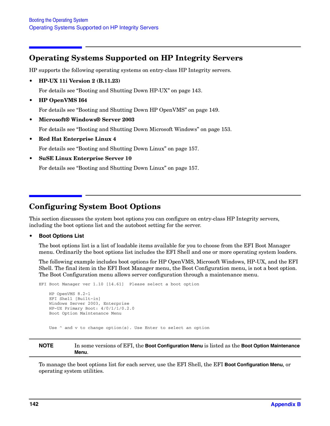 HP Integrity Server rx4640 manual Operating Systems Supported on HP Integrity Servers, Configuring System Boot Options 