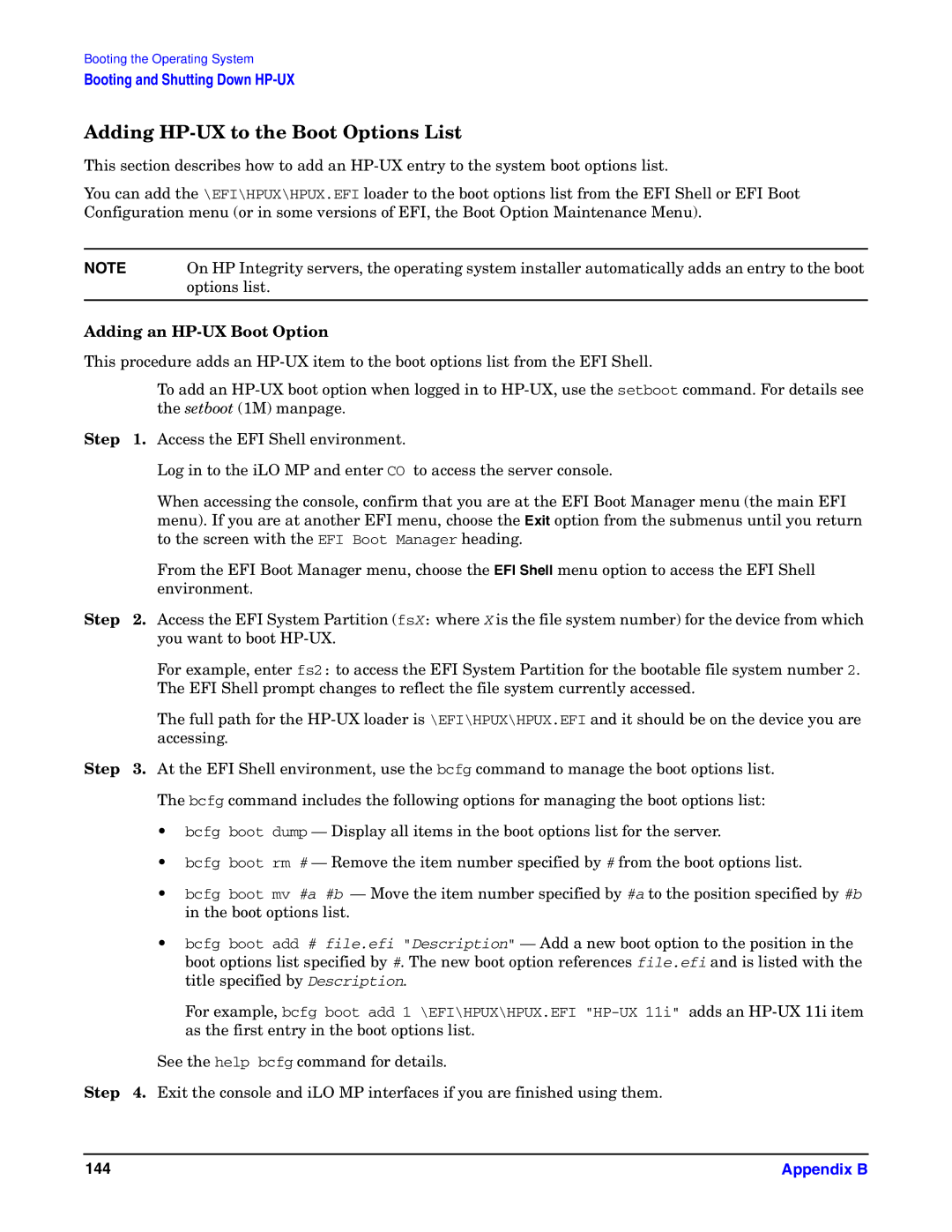 HP Integrity Server rx4640 manual Adding HP-UX to the Boot Options List, Adding an HP-UX Boot Option 