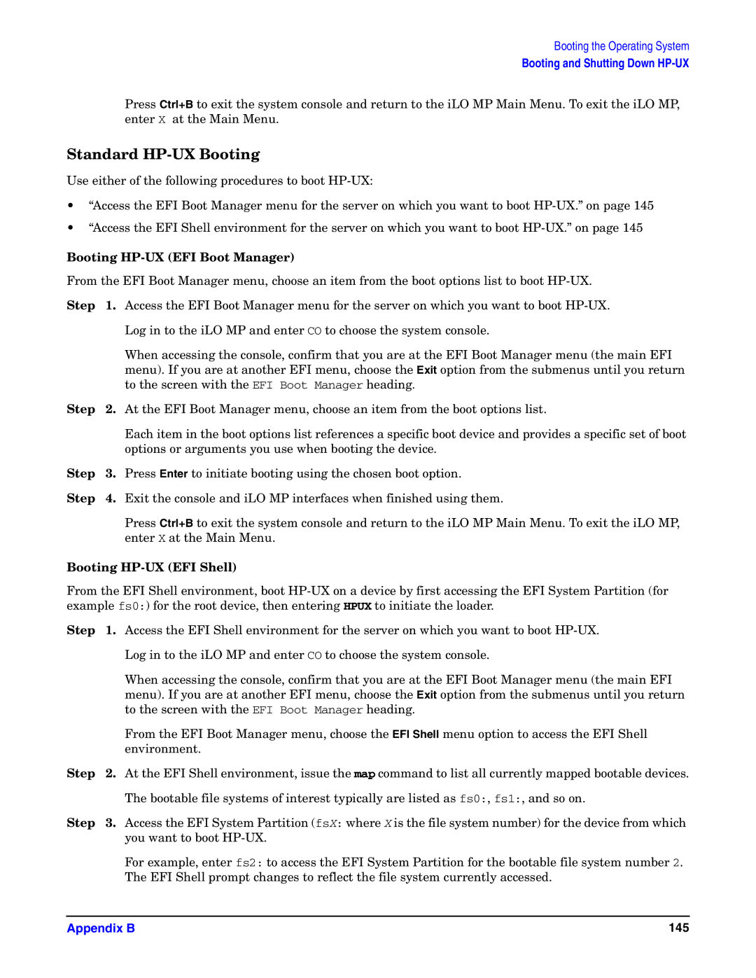 HP Integrity Server rx4640 manual Standard HP-UX Booting, Booting HP-UX EFI Boot Manager, Booting HP-UX EFI Shell 