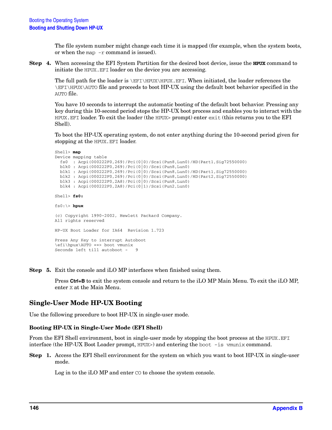 HP Integrity Server rx4640 manual Single-User Mode HP-UX Booting, Booting HP-UX in Single-User Mode EFI Shell 