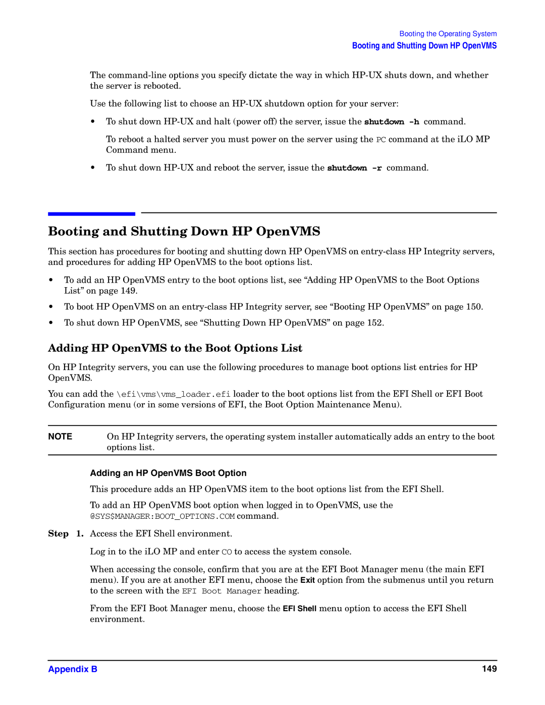 HP Integrity Server rx4640 manual Booting and Shutting Down HP OpenVMS, Adding HP OpenVMS to the Boot Options List 