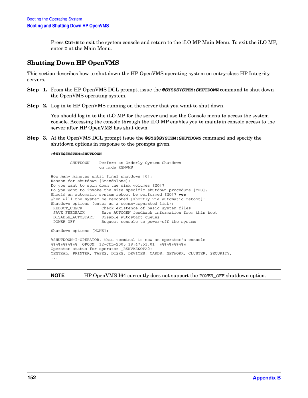 HP Integrity Server rx4640 manual Shutting Down HP OpenVMS, Shutdown options in response to the prompts given 