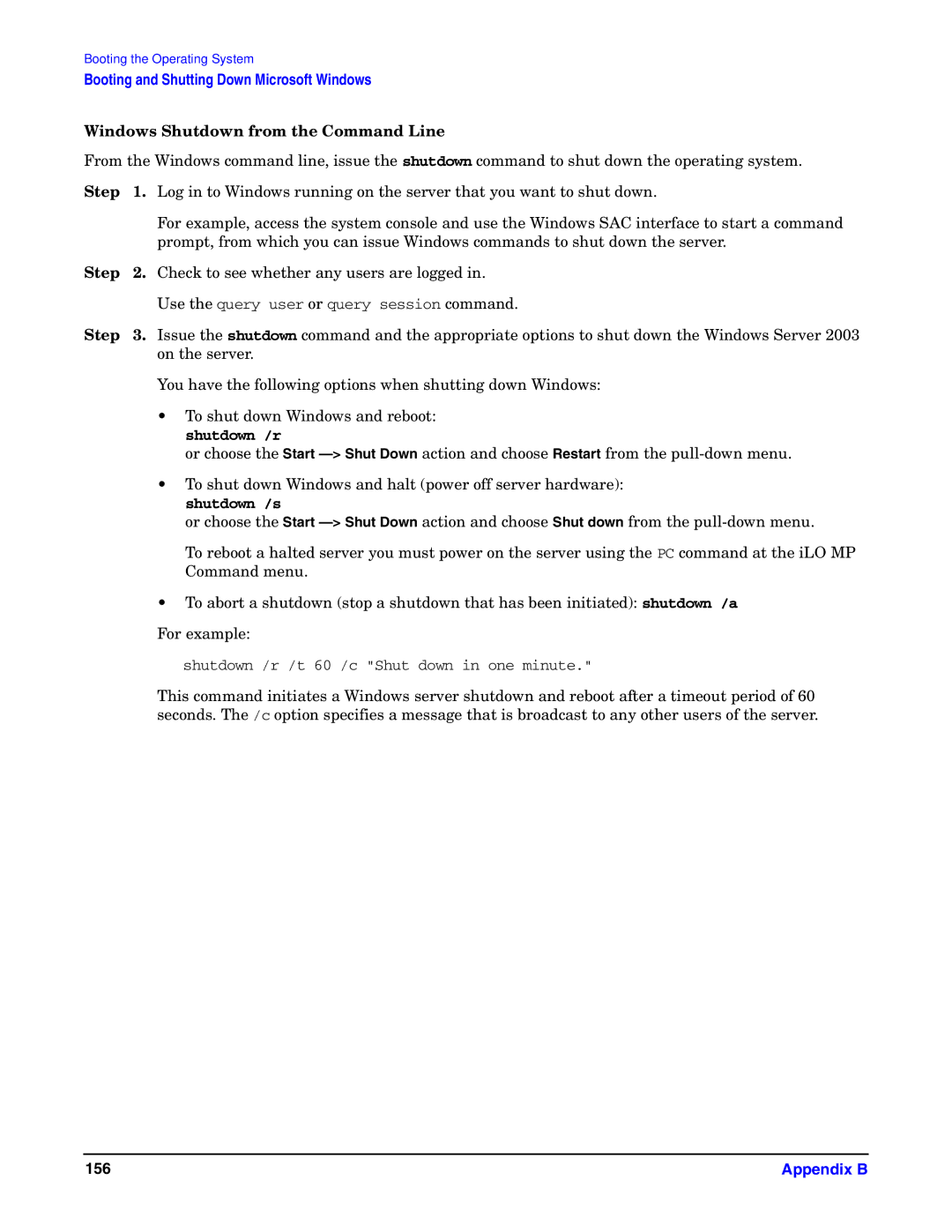 HP Integrity Server rx4640 manual Windows Shutdown from the Command Line 