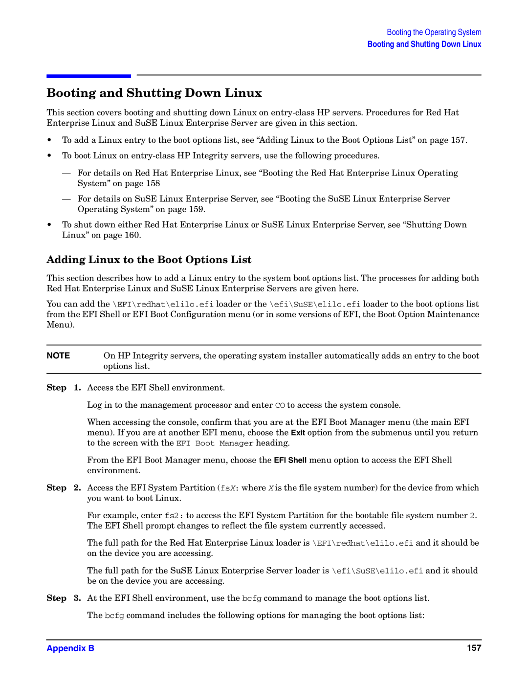 HP Integrity Server rx4640 manual Booting and Shutting Down Linux, Adding Linux to the Boot Options List 