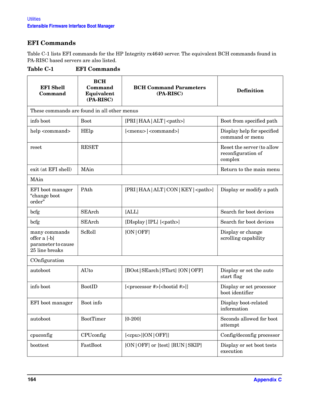 HP Integrity Server rx4640 manual Table C-1 EFI Commands 