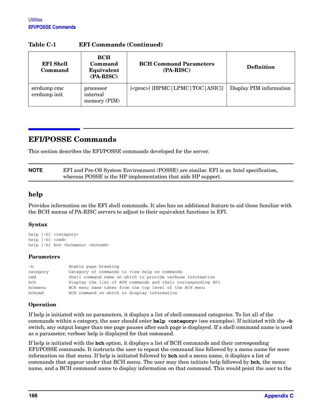 HP Integrity Server rx4640 manual EFI/POSSE Commands, Help, Syntax, Parameters 