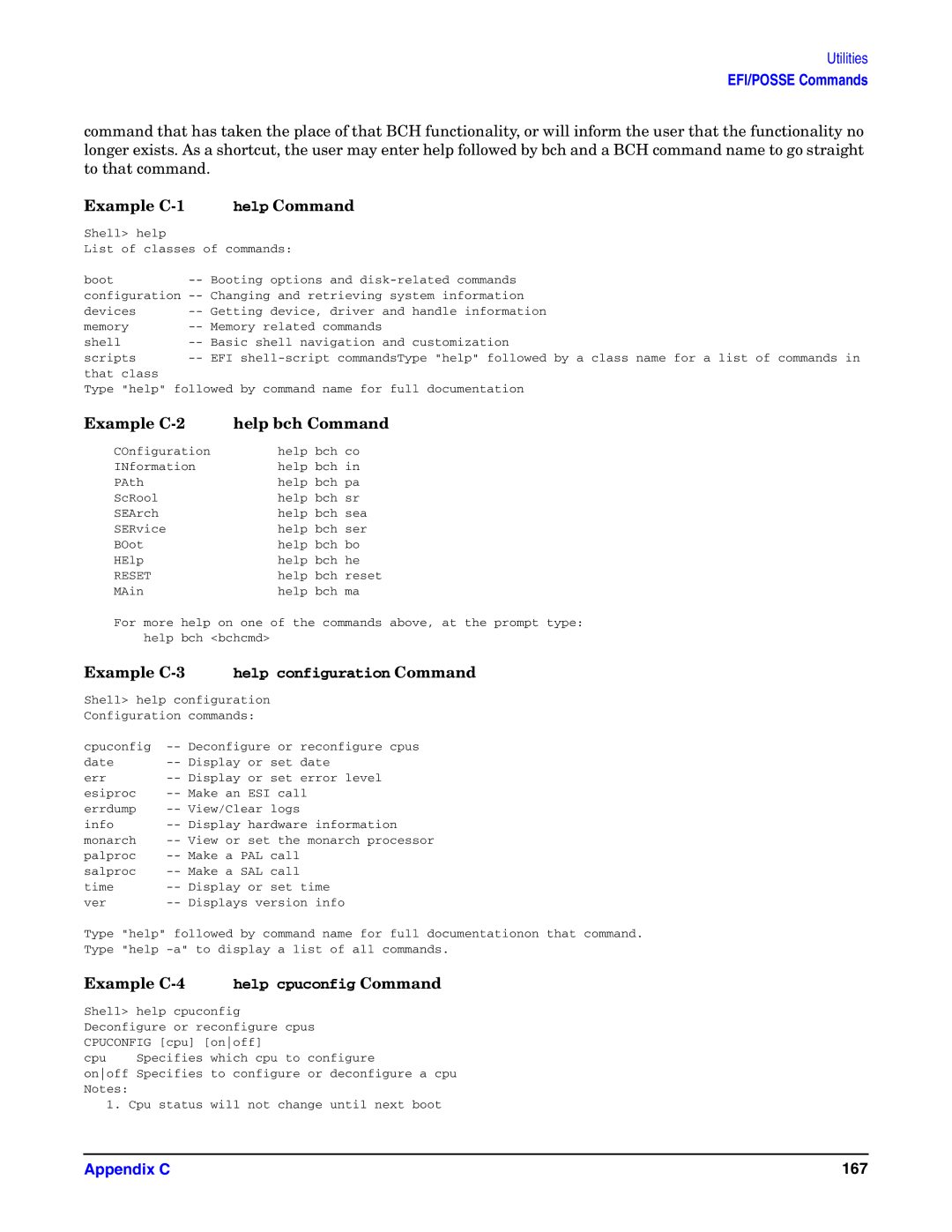 HP Integrity Server rx4640 Example C-1 help Command, Example C-2 Help bch Command, Example C-3 help configuration Command 