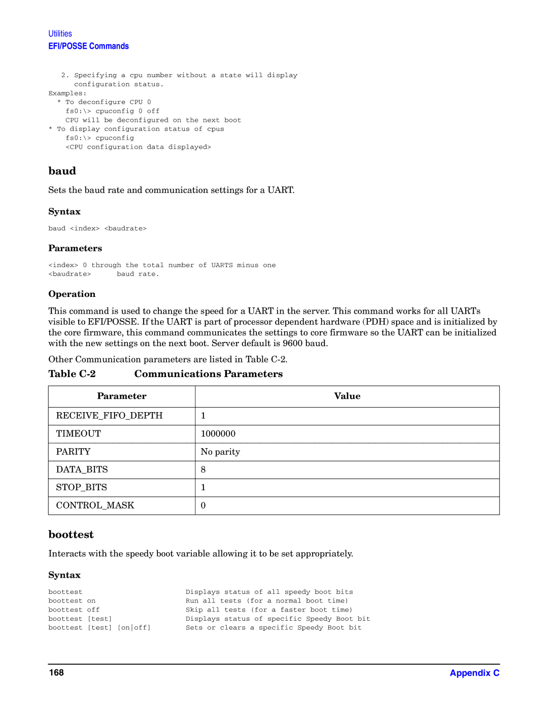 HP Integrity Server rx4640 manual Baud, Boottest, Table C-2 Communications Parameters, Parameter Value 