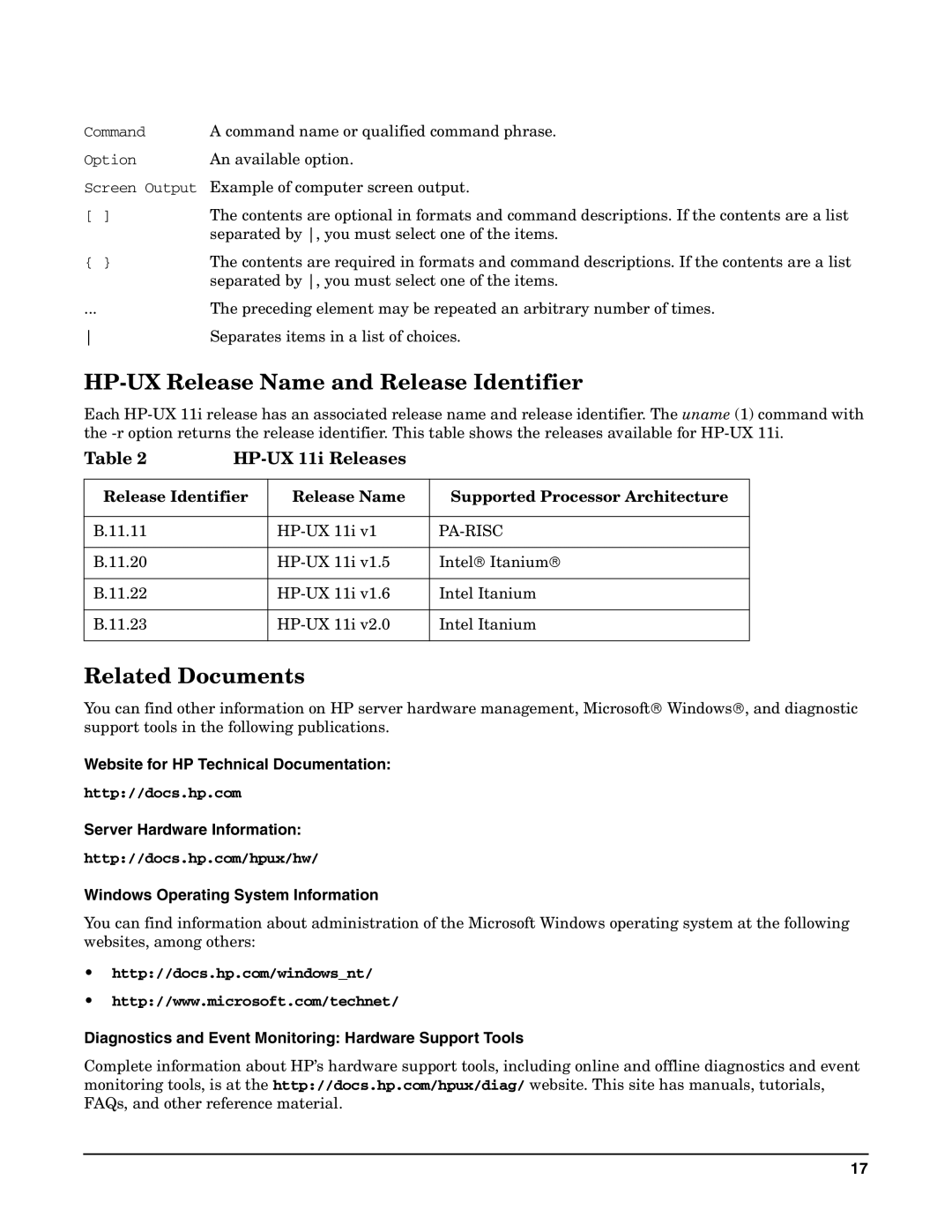 HP Integrity Server rx4640 manual HP-UX Release Name and Release Identifier, Related Documents, HP-UX 11i Releases 