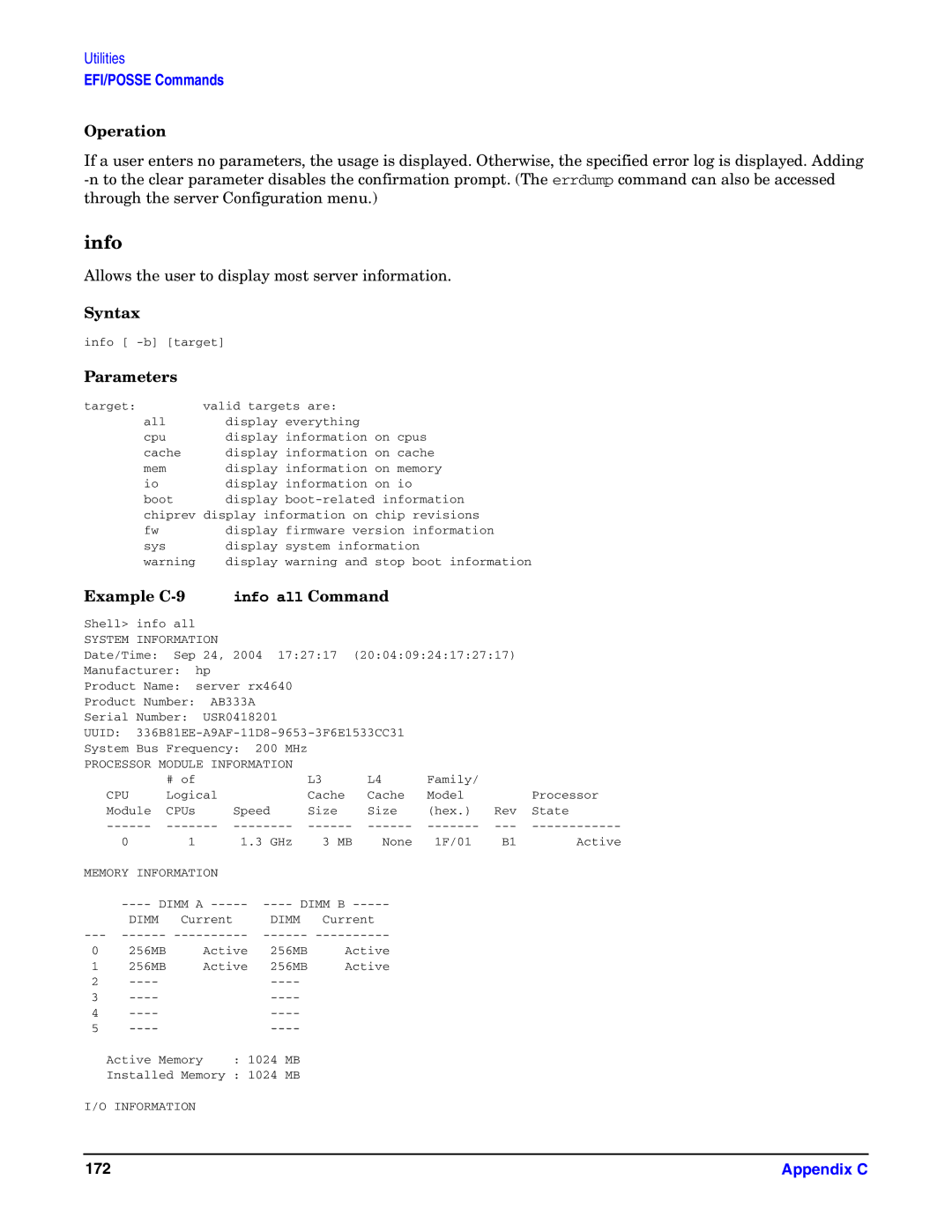 HP Integrity Server rx4640 manual Info, Example C-9 info all Command 