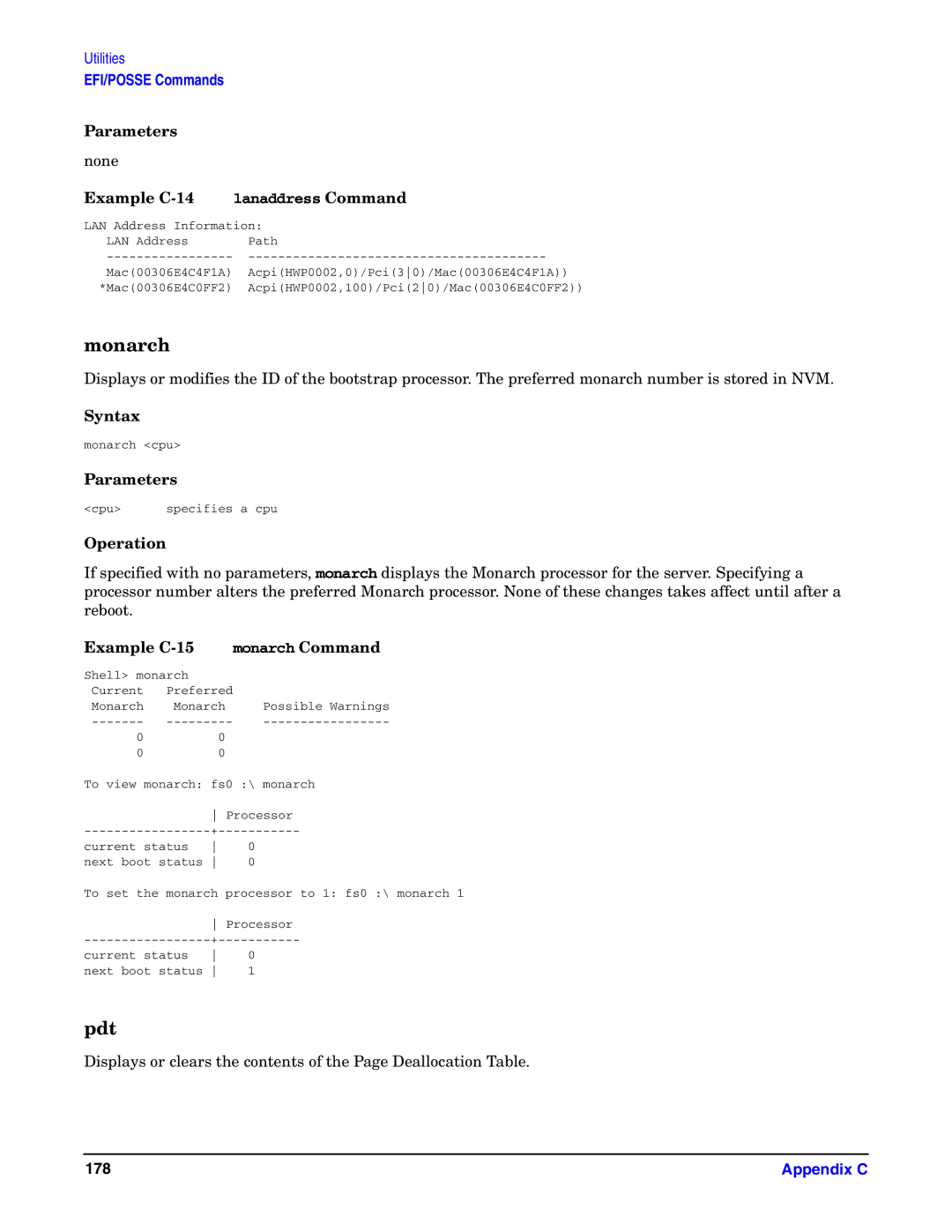 HP Integrity Server rx4640 manual Monarch, Pdt, Parameters None Example C-14, Example C-15 