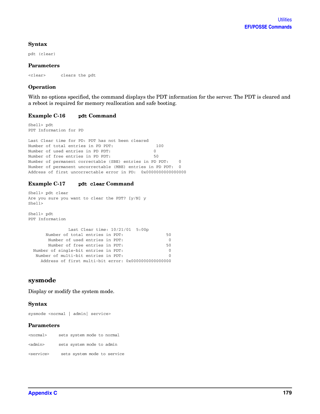 HP Integrity Server rx4640 manual Sysmode, Example C-16 Pdt Command, Example C-17 