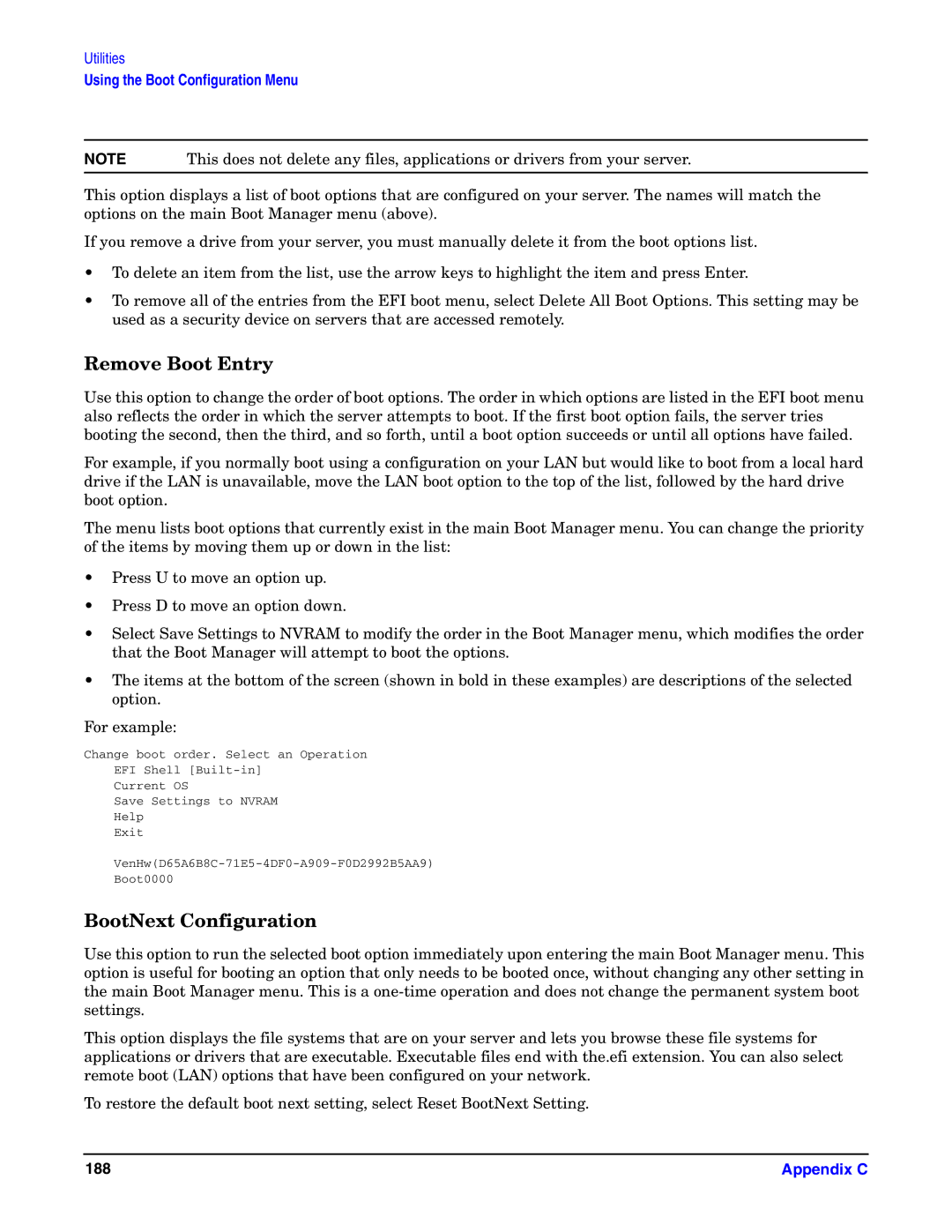 HP Integrity Server rx4640 manual Remove Boot Entry, BootNext Configuration 