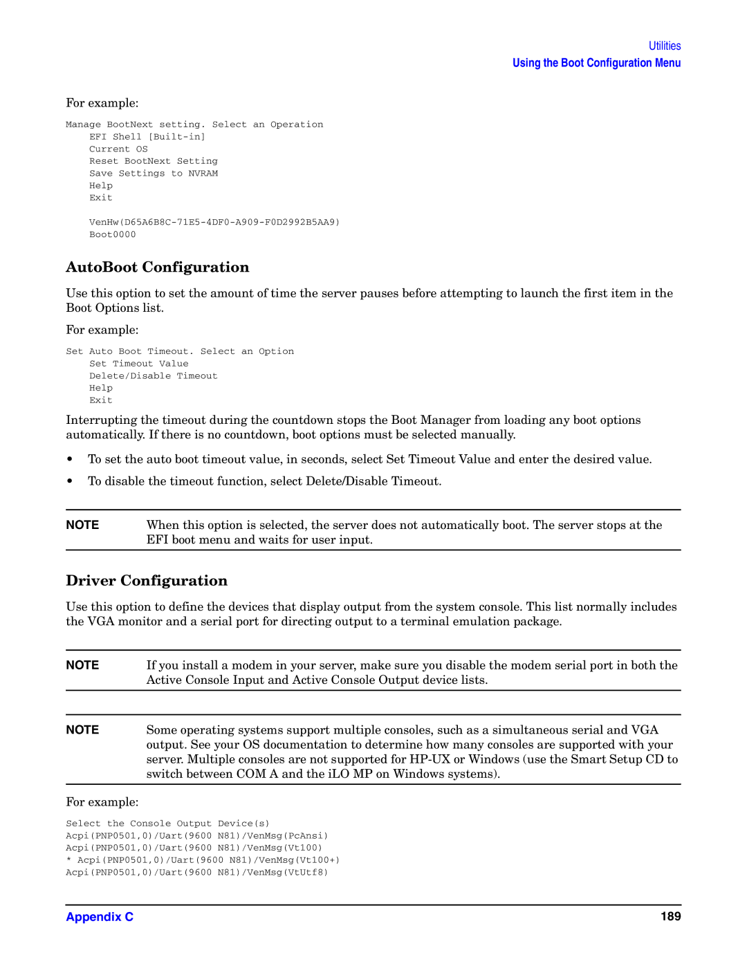 HP Integrity Server rx4640 manual AutoBoot Configuration, Driver Configuration 