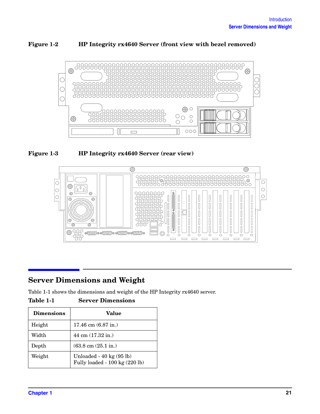 HP Integrity Server rx4640 manual Server Dimensions and Weight, Dimensions Value 