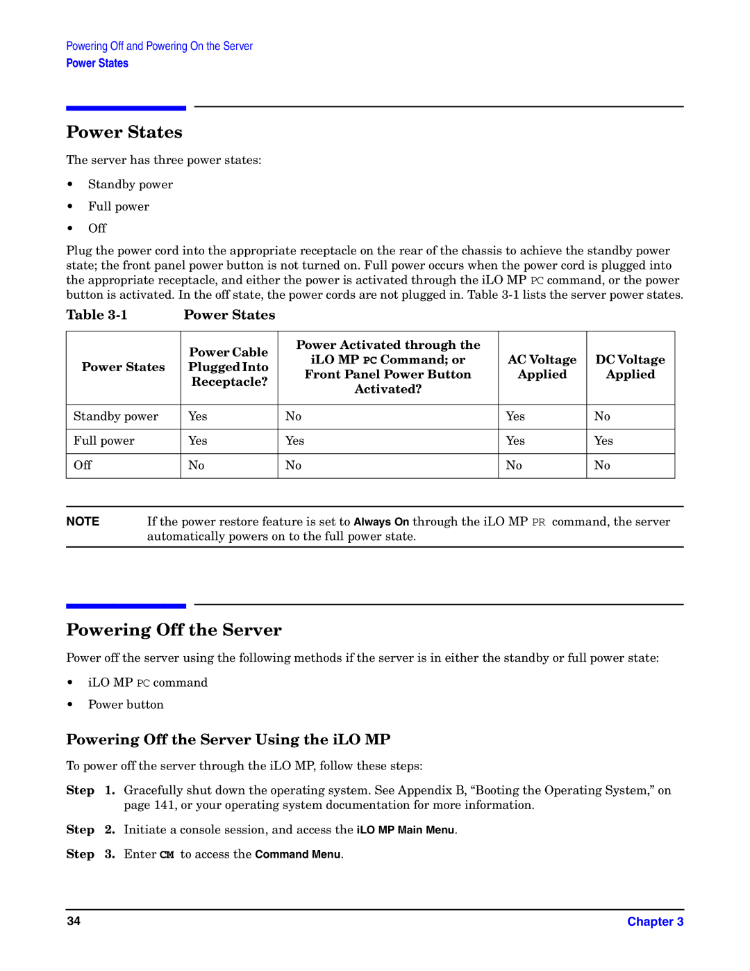 HP Integrity Server rx4640 manual Power States, Powering Off the Server Using the iLO MP, Step 