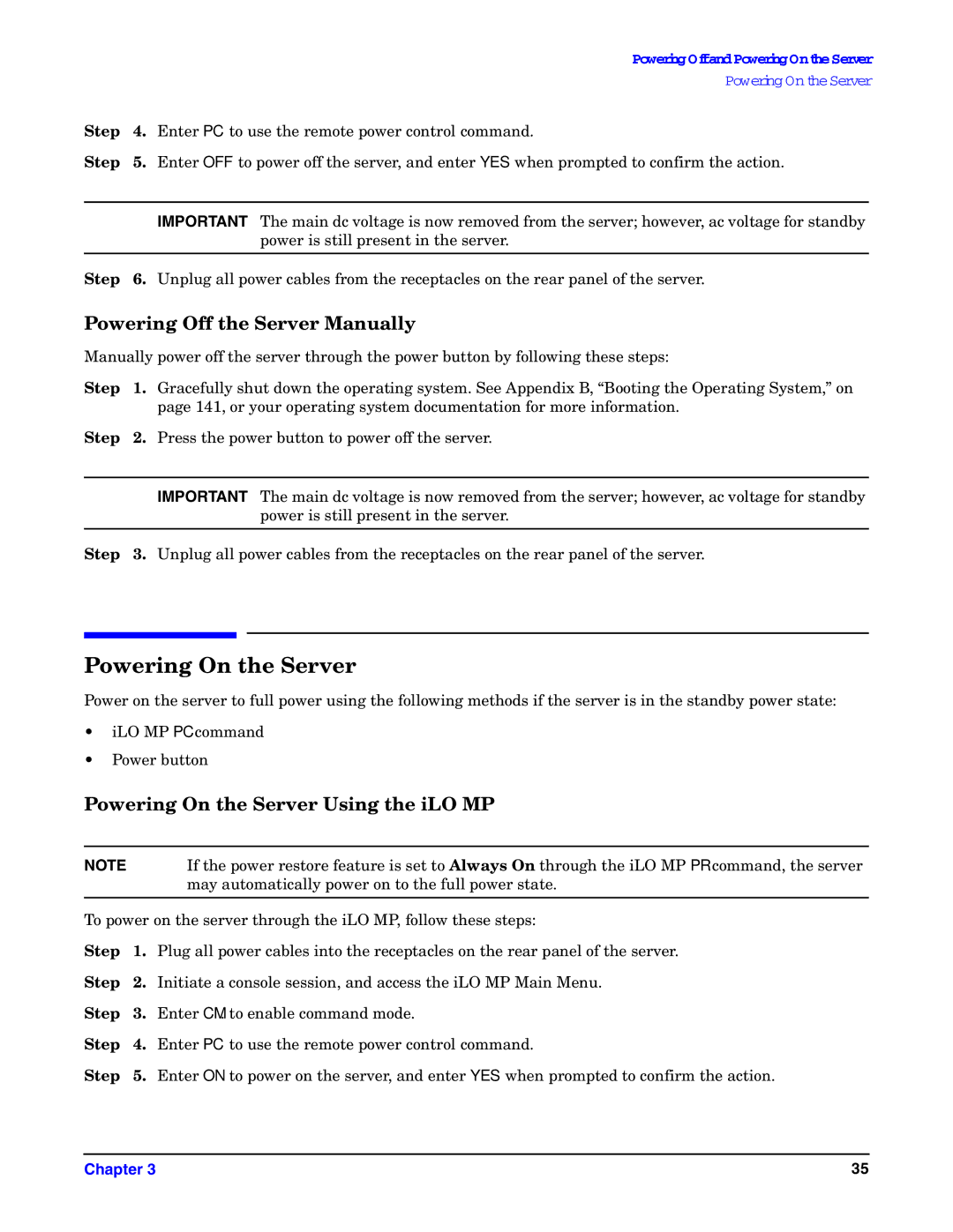 HP Integrity Server rx4640 manual Powering On the Server, Powering Off the Server Manually 