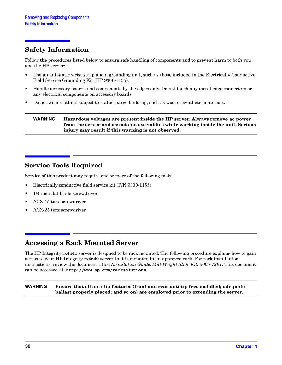 HP Integrity Server rx4640 manual Safety Information, Service Tools Required, Accessing a Rack Mounted Server 