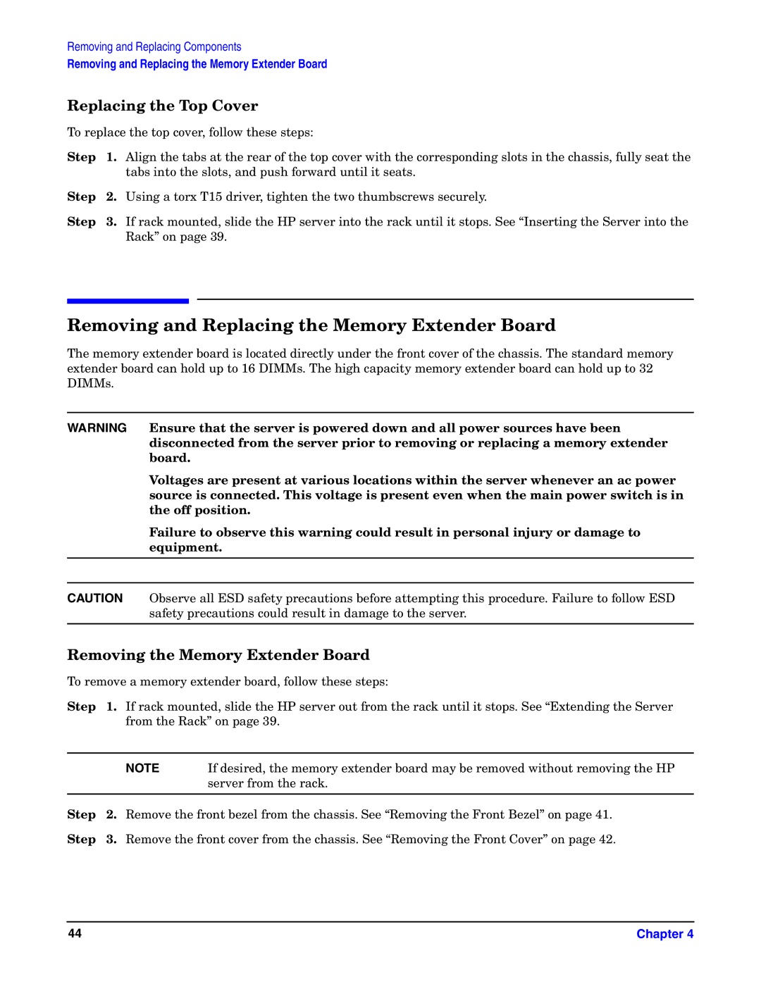 HP Integrity Server rx4640 manual Removing and Replacing the Memory Extender Board, Replacing the Top Cover 