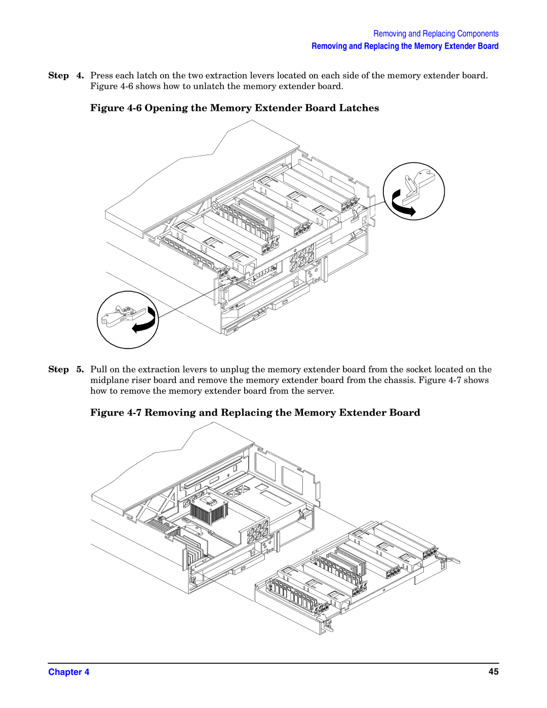 HP Integrity Server rx4640 manual Opening the Memory Extender Board Latches 