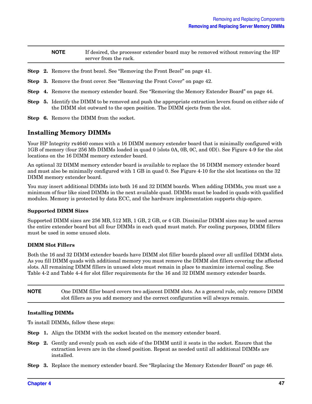 HP Integrity Server rx4640 manual Installing Memory DIMMs, Supported Dimm Sizes, Dimm Slot Fillers, Installing DIMMs 