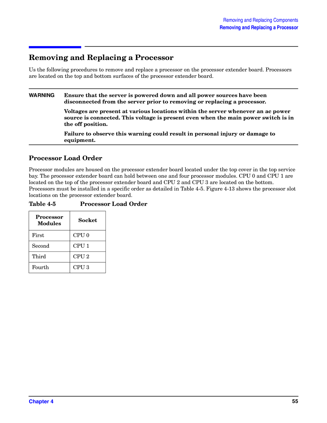 HP Integrity Server rx4640 manual Removing and Replacing a Processor, Processor Load Order, Processor Socket Modules 