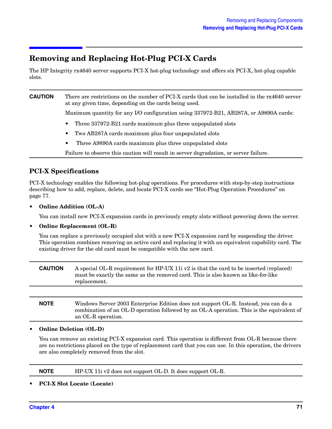 HP Integrity Server rx4640 manual Removing and Replacing Hot-Plug PCI-X Cards, PCI-X Specifications 