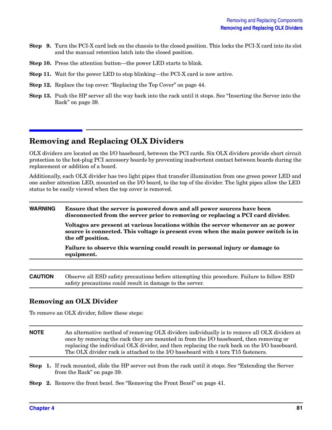 HP Integrity Server rx4640 manual Removing and Replacing OLX Dividers, Removing an OLX Divider 