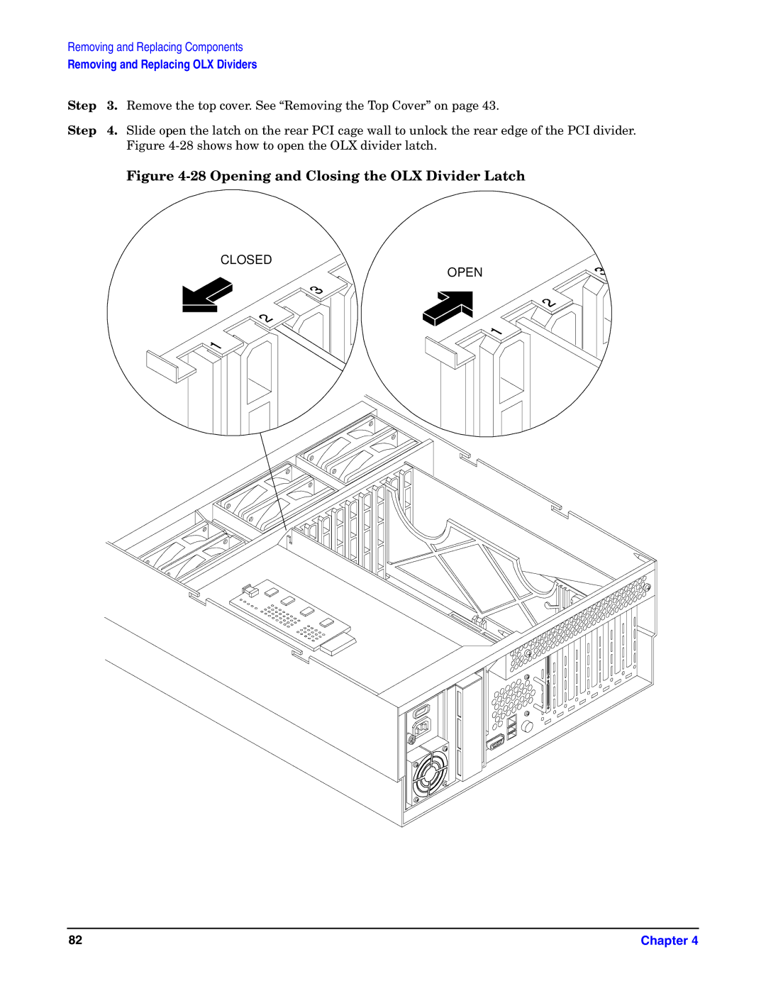 HP Integrity Server rx4640 manual Opening and Closing the OLX Divider Latch 