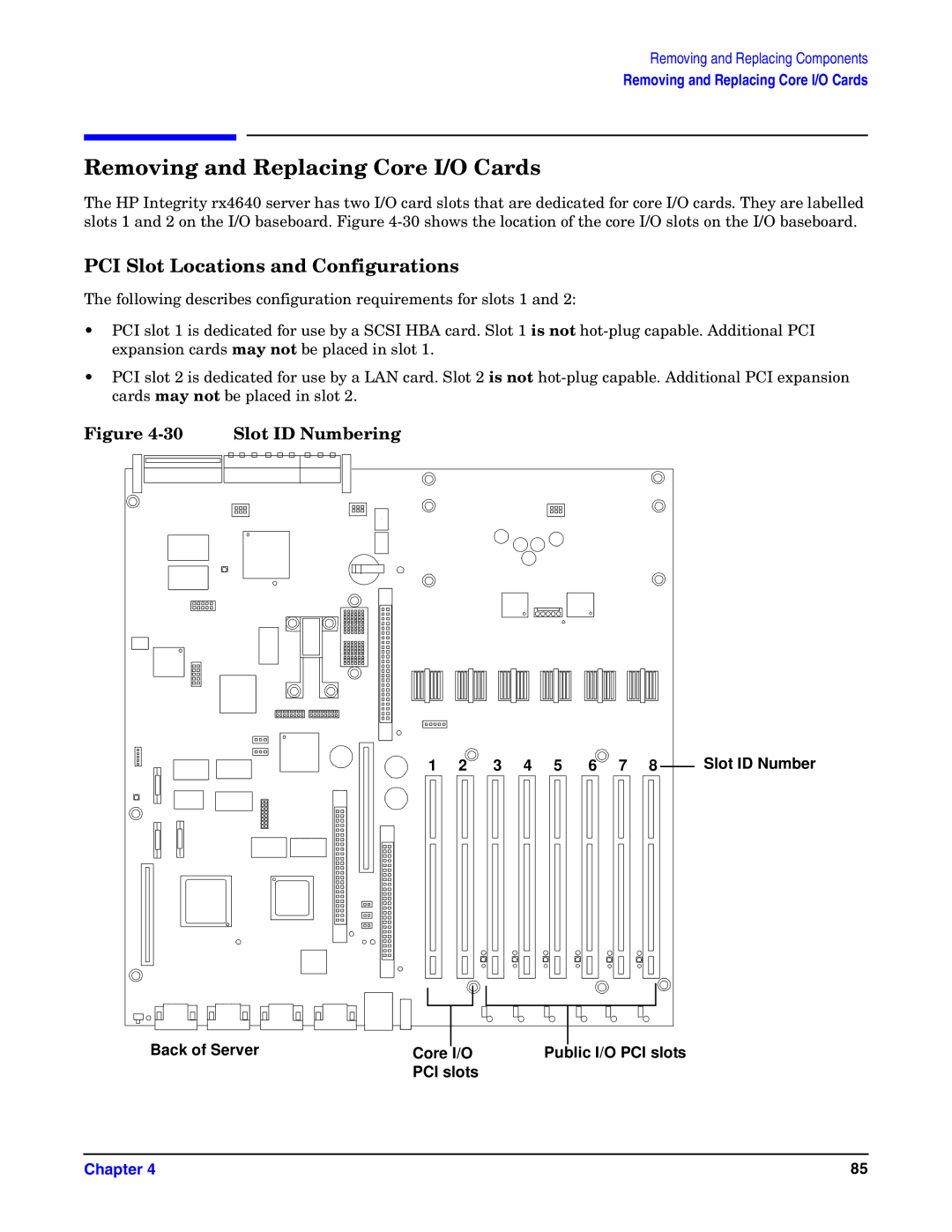 HP Integrity Server rx4640 manual Removing and Replacing Core I/O Cards, PCI Slot Locations and Configurations 