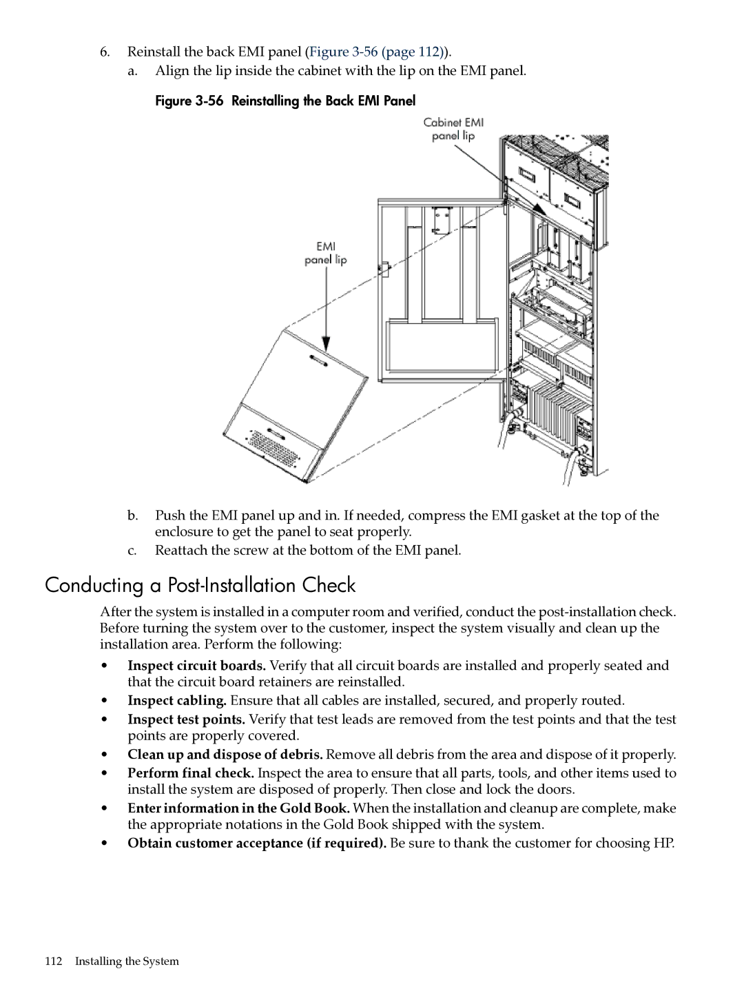 HP Integrity Superdome and 9000 Superdome sx2000 Conducting a Post-Installation Check, Reinstalling the Back EMI Panel 
