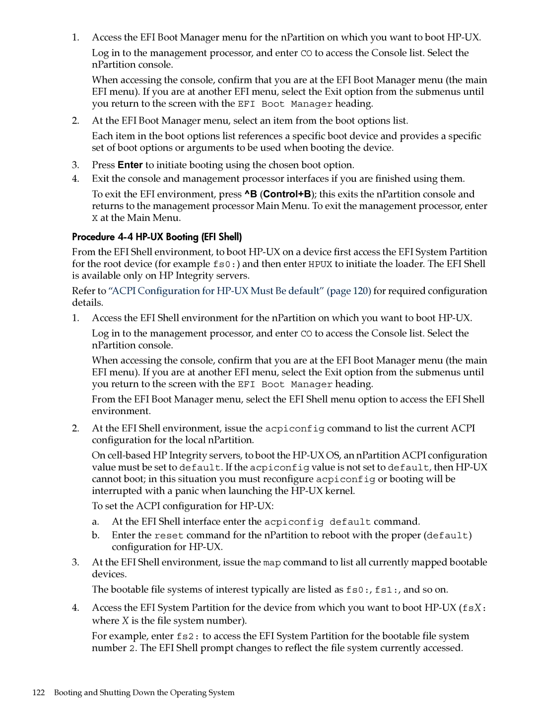 HP Integrity Superdome and 9000 Superdome sx2000 manual Procedure 4-4 HP-UX Booting EFI Shell 