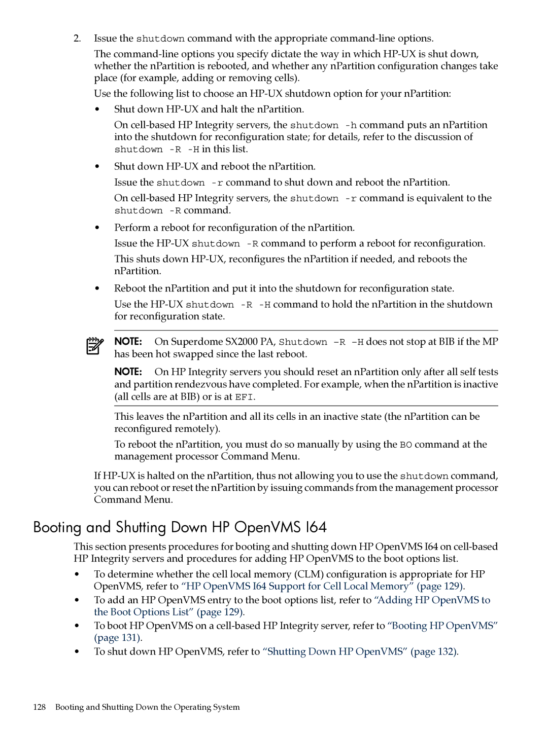 HP Integrity Superdome and 9000 Superdome sx2000 manual Booting and Shutting Down HP OpenVMS 