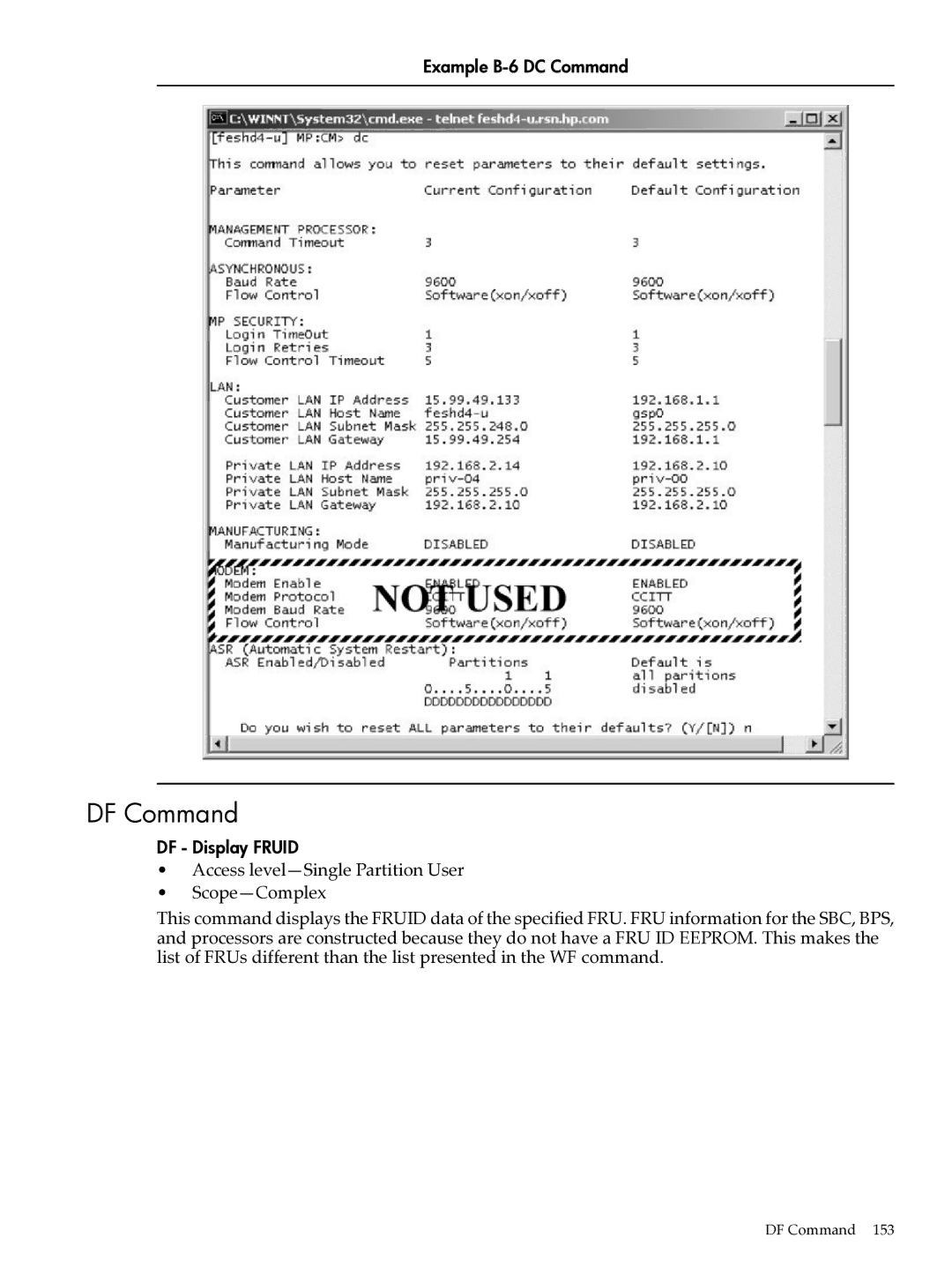 HP Integrity Superdome and 9000 Superdome sx2000 manual DF Command, Example B-6 DC Command, DF Display Fruid 