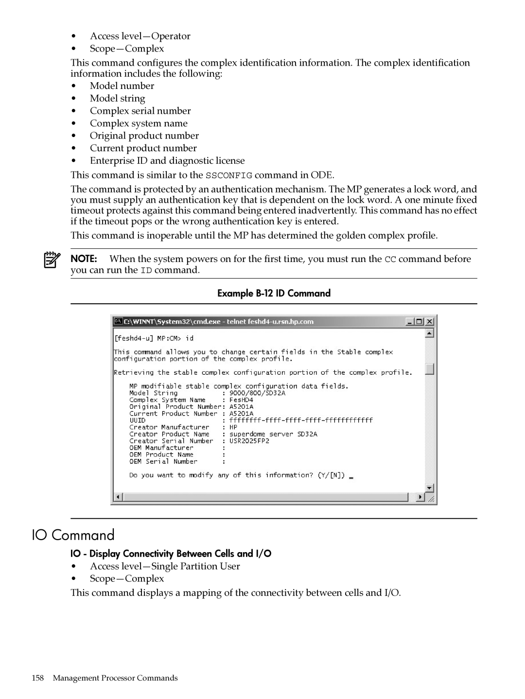 HP Integrity Superdome and 9000 Superdome sx2000 manual IO Command, Example B-12 ID Command 