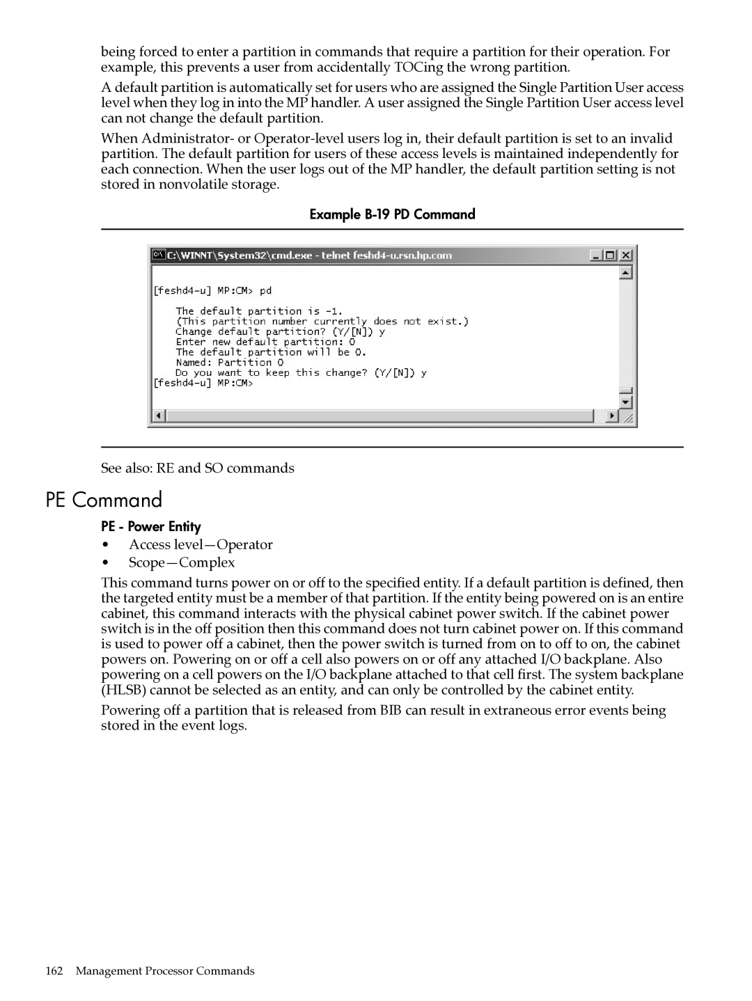 HP Integrity Superdome and 9000 Superdome sx2000 manual PE Command, Example B-19 PD Command, PE Power Entity 