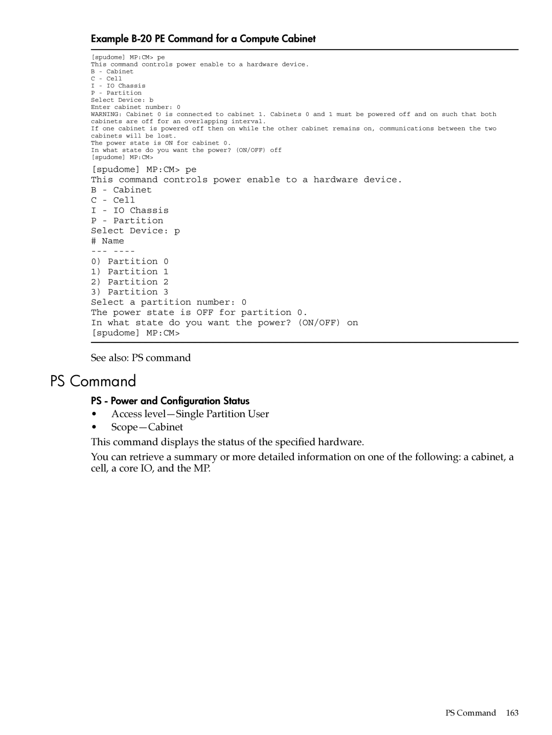 HP Integrity Superdome and 9000 Superdome sx2000 manual PS Command, Example B-20 PE Command for a Compute Cabinet 