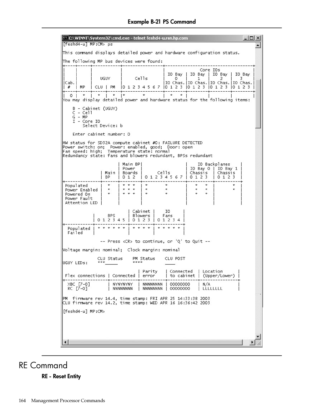 HP Integrity Superdome and 9000 Superdome sx2000 manual RE Command, Example B-21 PS Command, RE Reset Entity 