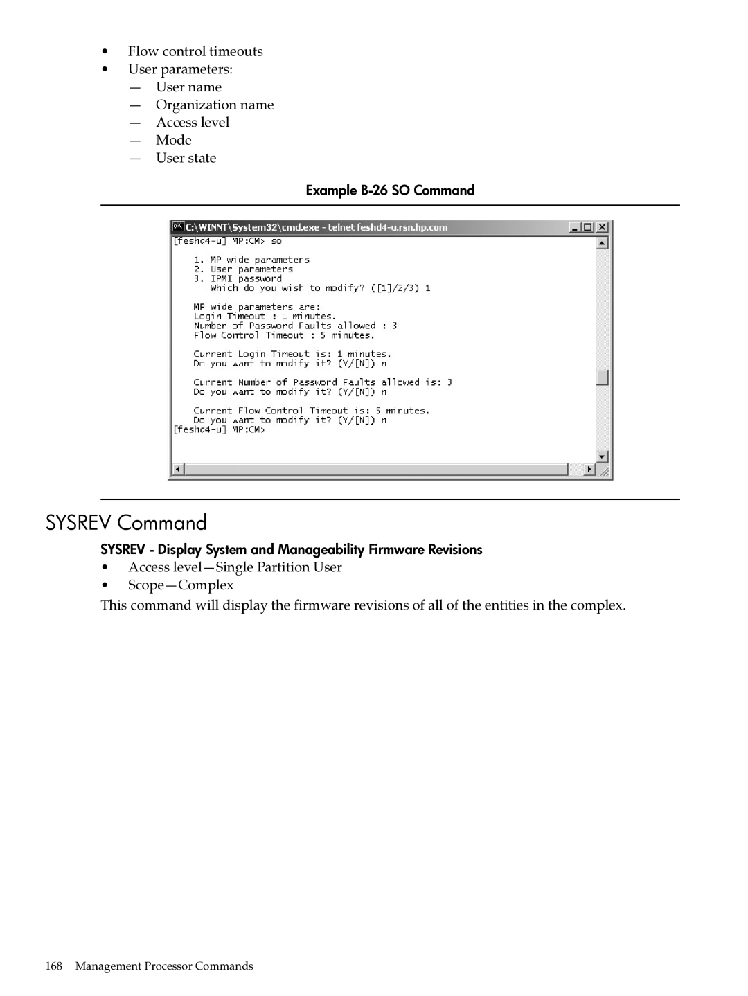 HP Integrity Superdome and 9000 Superdome sx2000 manual Sysrev Command, Example B-26 SO Command 