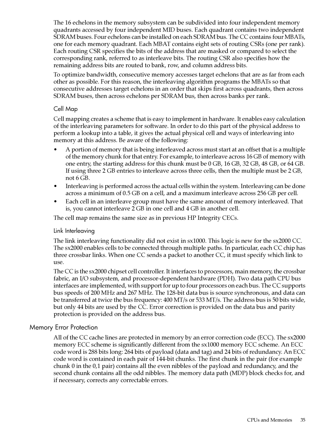 HP Integrity Superdome and 9000 Superdome sx2000 manual Memory Error Protection, Cell Map, Link Interleaving 